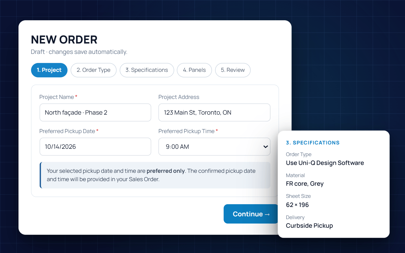 Uni-Q portal New Order screen with project details, pickup date and specifications