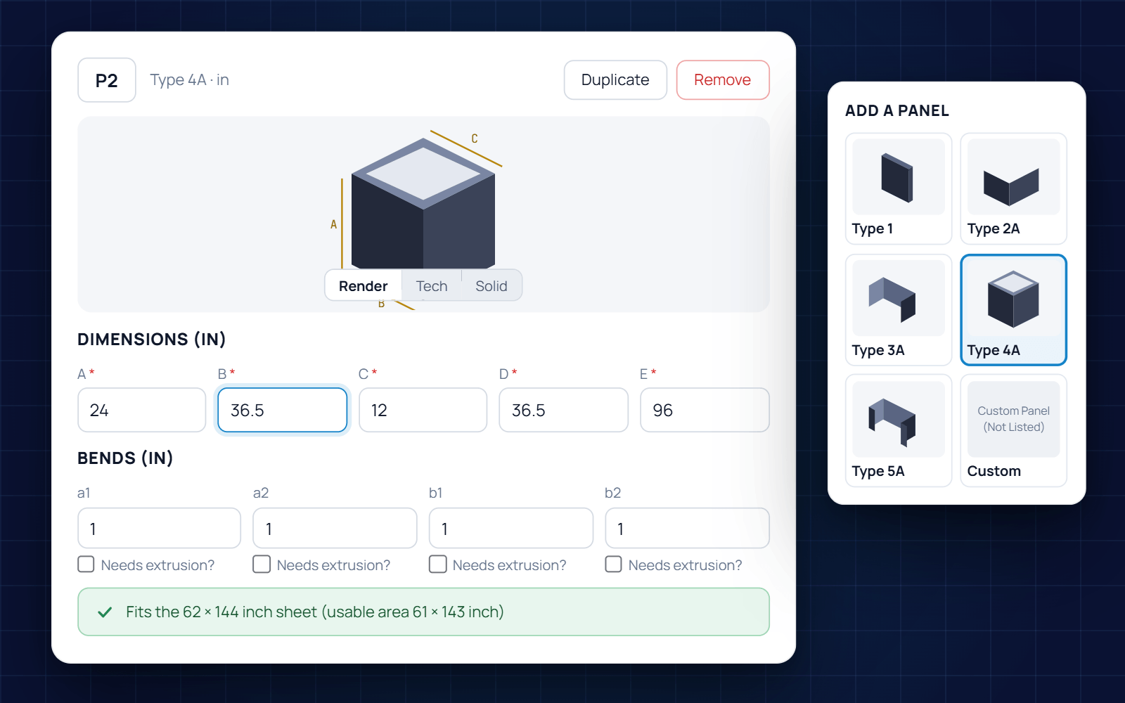 Uni-Q portal panel editor showing a Type 4A panel with dimensions, bends and a sheet-fit check