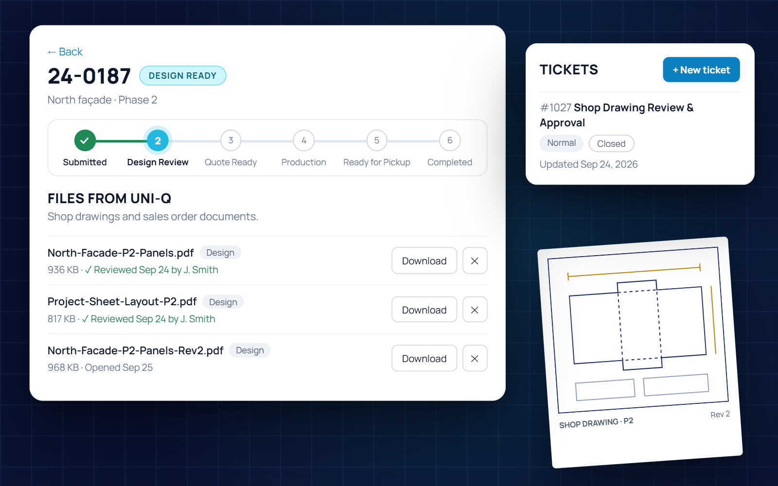 Uni-Q portal order page in Design Review with shop drawing files and a review ticket