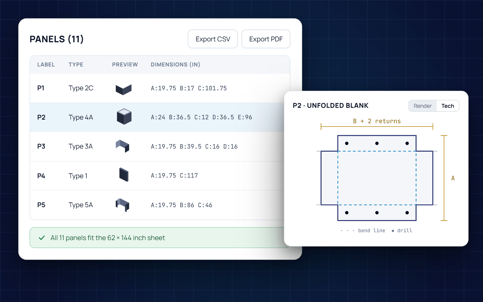 Uni-Q portal panels table with CSV and PDF export and an unfolded panel drawing