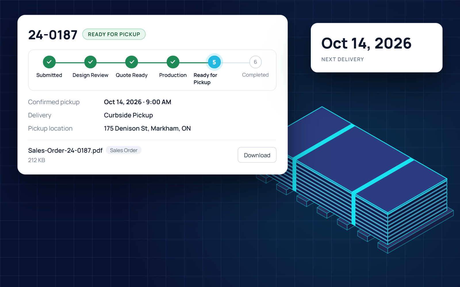 Uni-Q portal order Ready for Pickup with confirmed pickup date and sales order